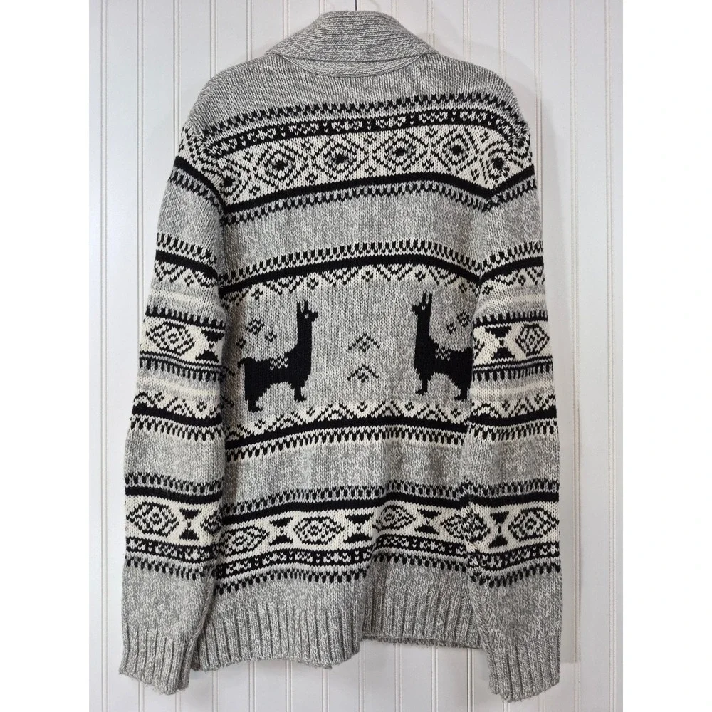 Old Navy Llama Fair Isle Shawl Collar Cardigan Sweater Gray Wool Blend Mens XL